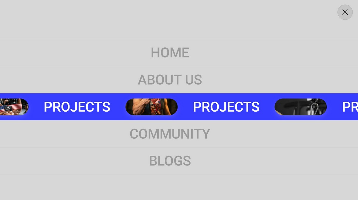 Hover Menu — Marquee menu with large uppercase rows and colour band reveal